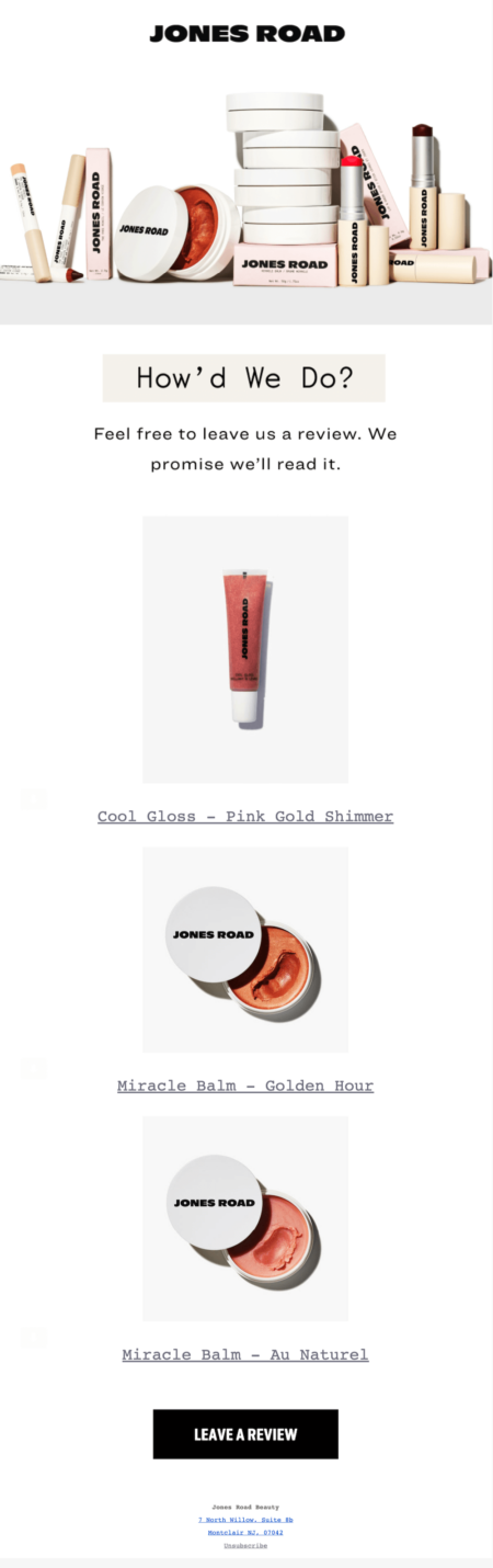 JRB-leave-a-review Image shows an email from Jones Road Beauty asking customers to leave a review