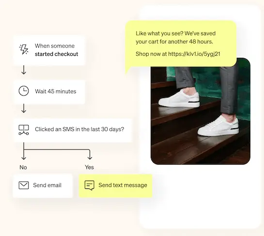 Image shows an abandoned cart SMS flow from Klaviyo