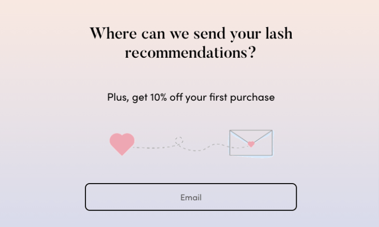 Image shows a pop-up form from Doe Lashes asking the user which kind of lashes they prefer, along with offering a discount and collecting their email address. 