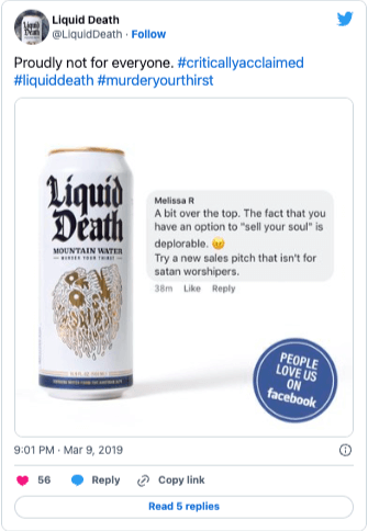 Liquid-Death-email-content-new-users Image shows a Tweet from Liquid Death featuring a negative review.