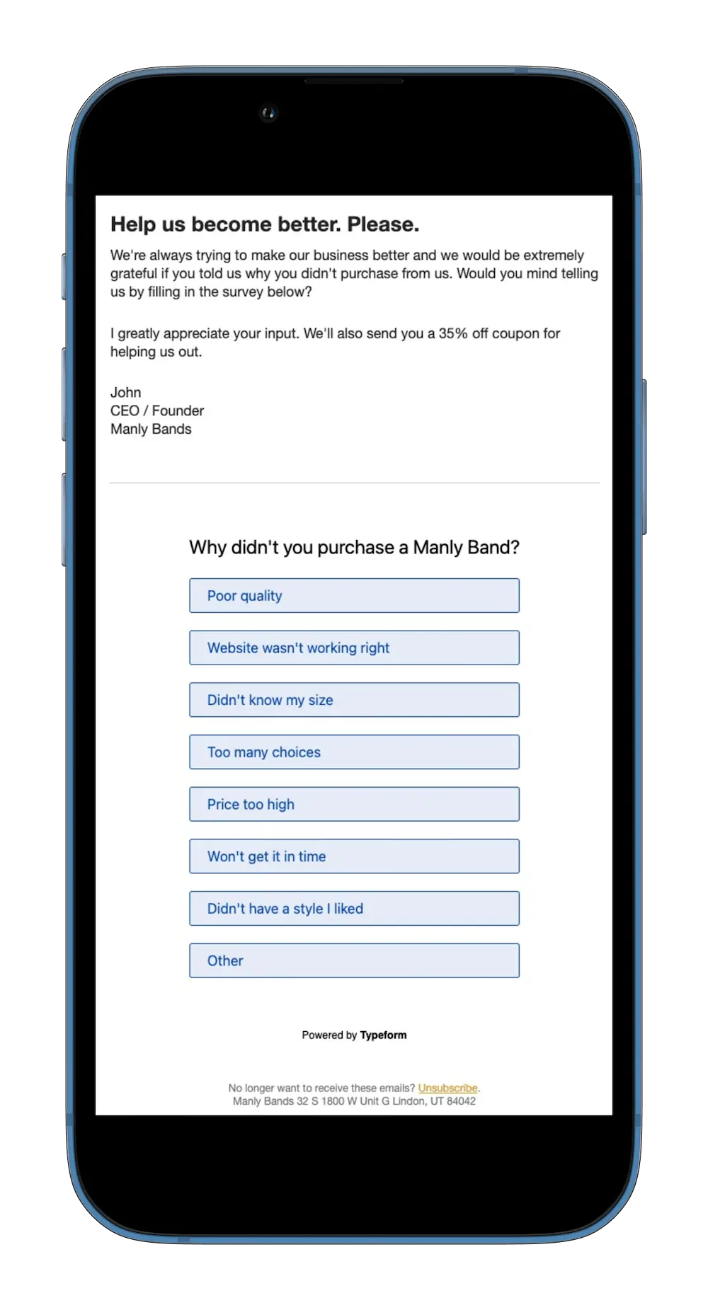Image shows an abandoned cart email from Manly Bands that includes a survey asking why the shopper didn’t buy.