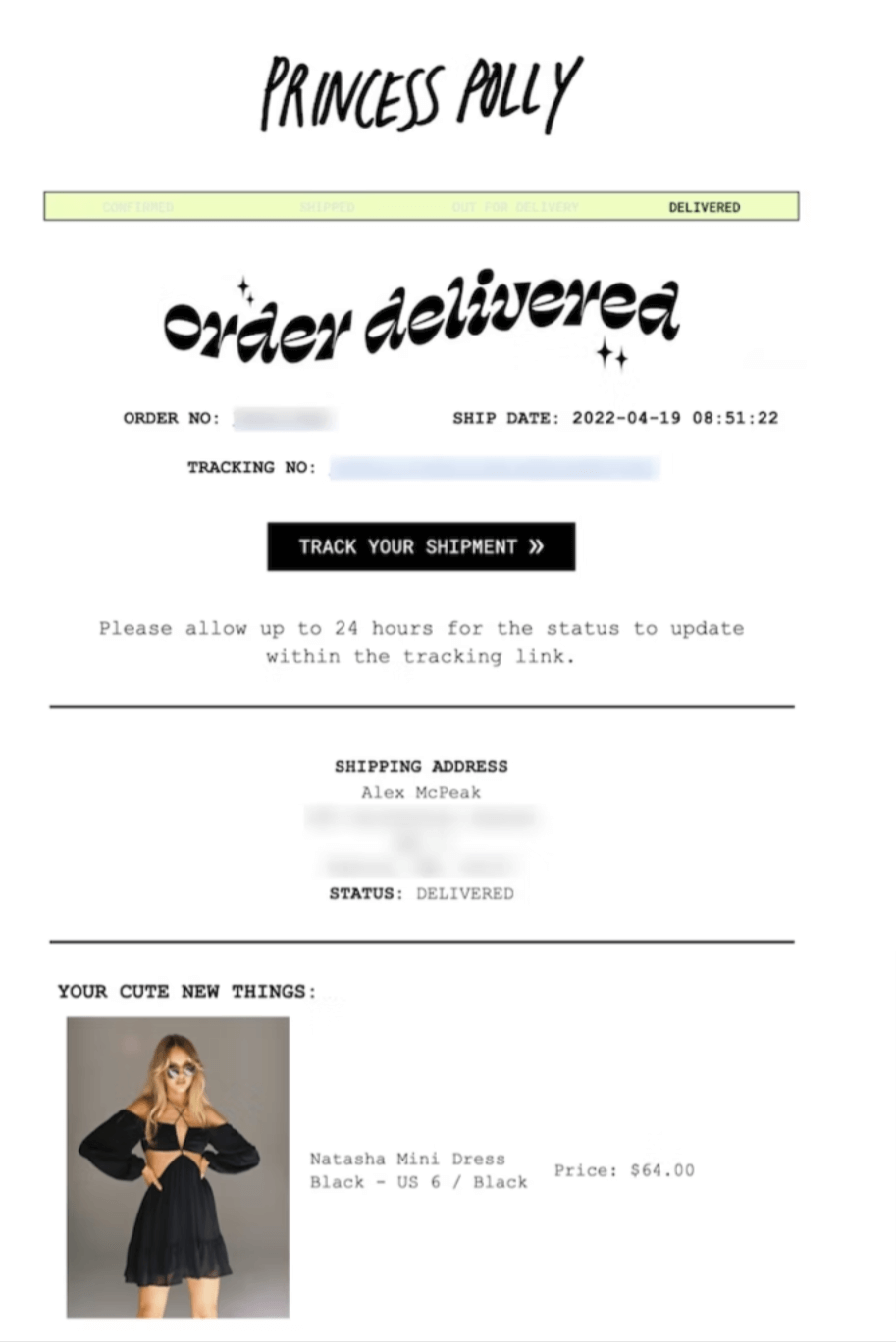 Princess-Polly Image shows a post-purchase email from Princess Polly