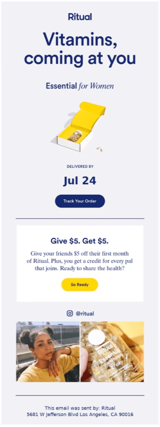 Image shows a post-purchase email from Ritual