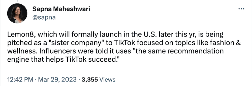 Sapna-Twitter-Lemon8 Image shows a Tweet by Sapna Maheshwari that offers Lemon8 as having similar benefits to TikTok.