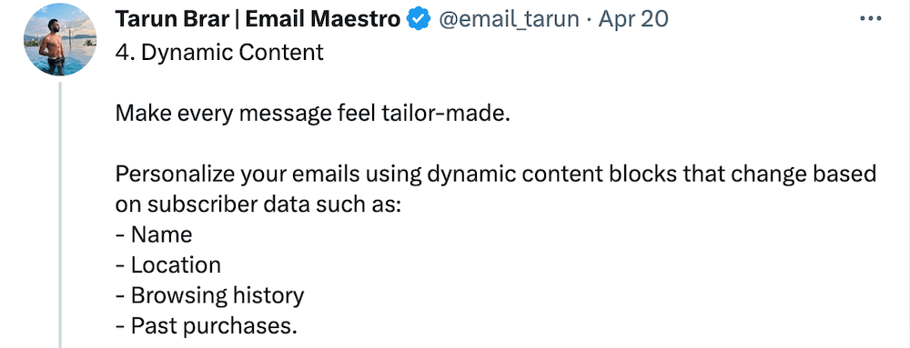 Image shows a Tweet saying how to personalize your marketing emails.