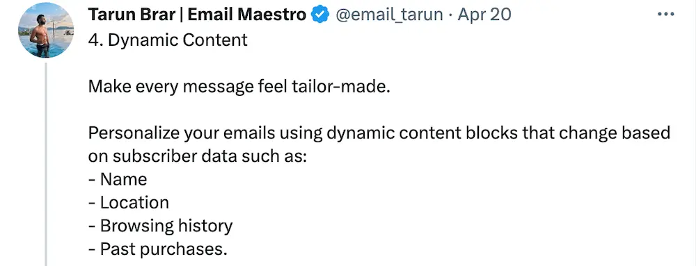 Image shows a Tweet saying how to personalize your marketing emails.