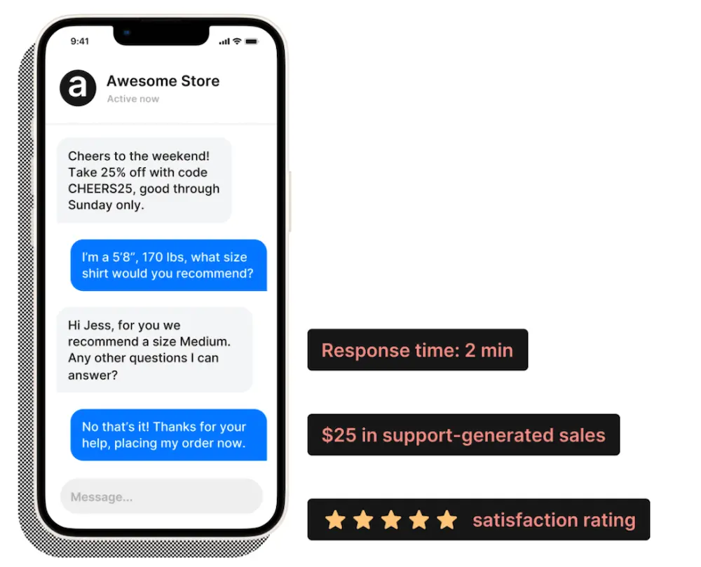 Image shows an example of a two-way SMS conversation between customer support and a customer asking for a size recommendation.