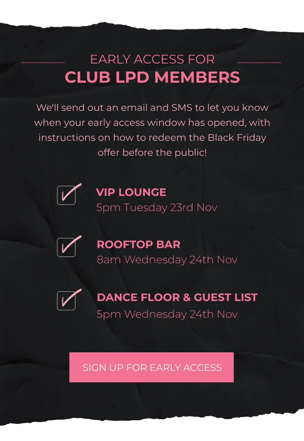 Image of an early access sign-up form from Little Party Dress.
