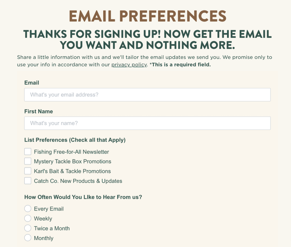 Image shows a multi-step sign-up form on Mystery Tackle Box’s site, asking for the email and first name of the user along with what the subscriber wants to hear about and how often they want to hear.
