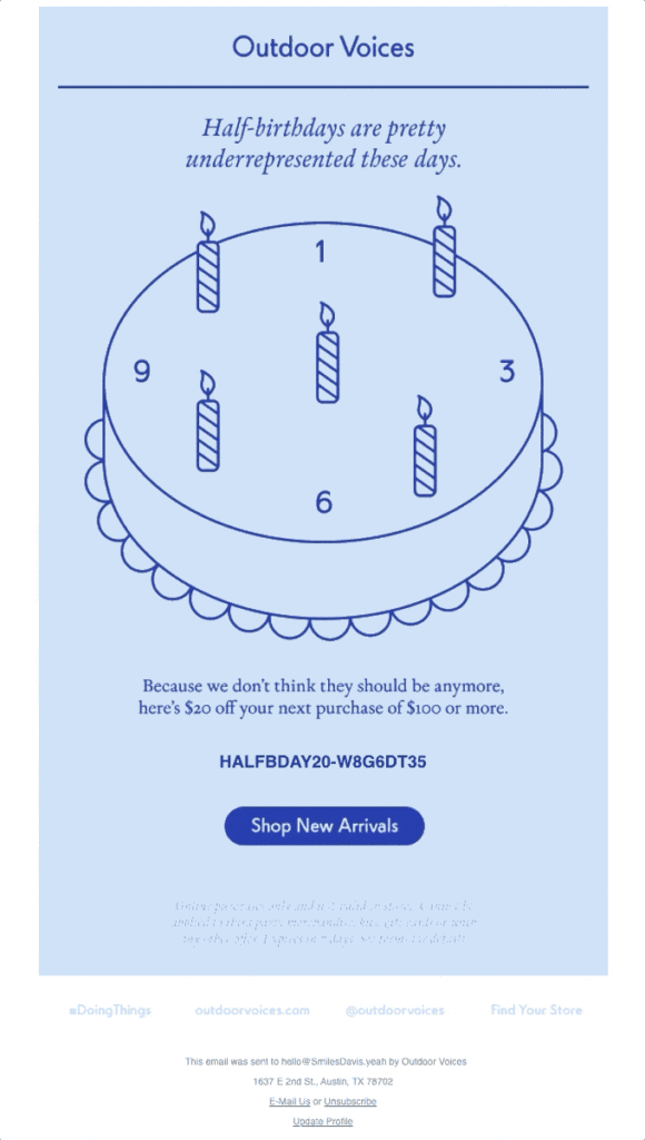 Image shows a half-birthday email from Outdoor Voices.