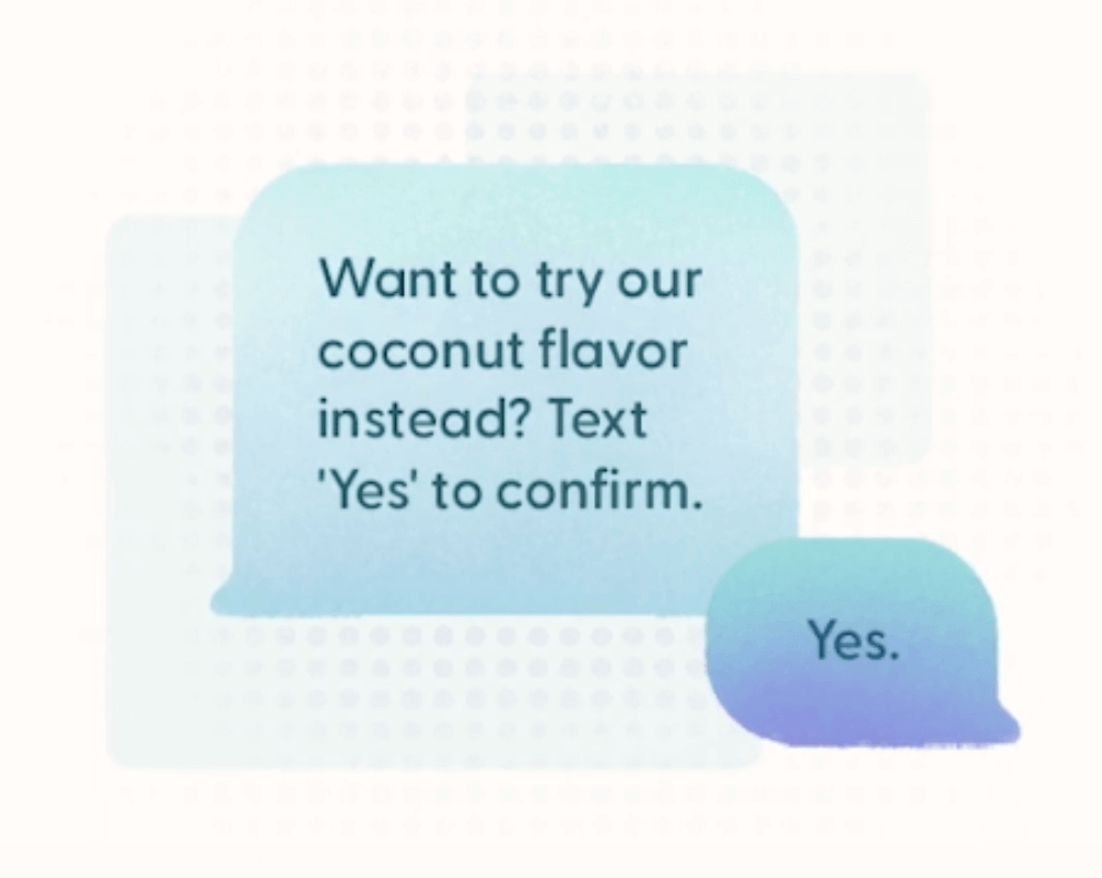 Image shows an example of a two-way SMS conversation offering the subscriber the option to substitute a different product rather than cancel their subscription.