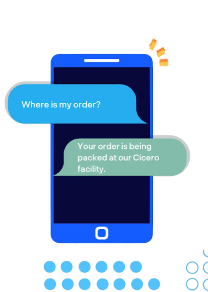 mage shows an example of a two-way SMS conversation fielding a “where is my order?” inquiry.