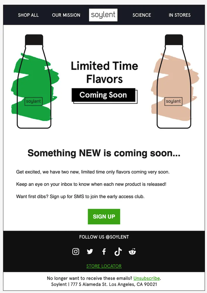 An email from Soylent encouraging email subscribers to join the SMS list for early access to new products.