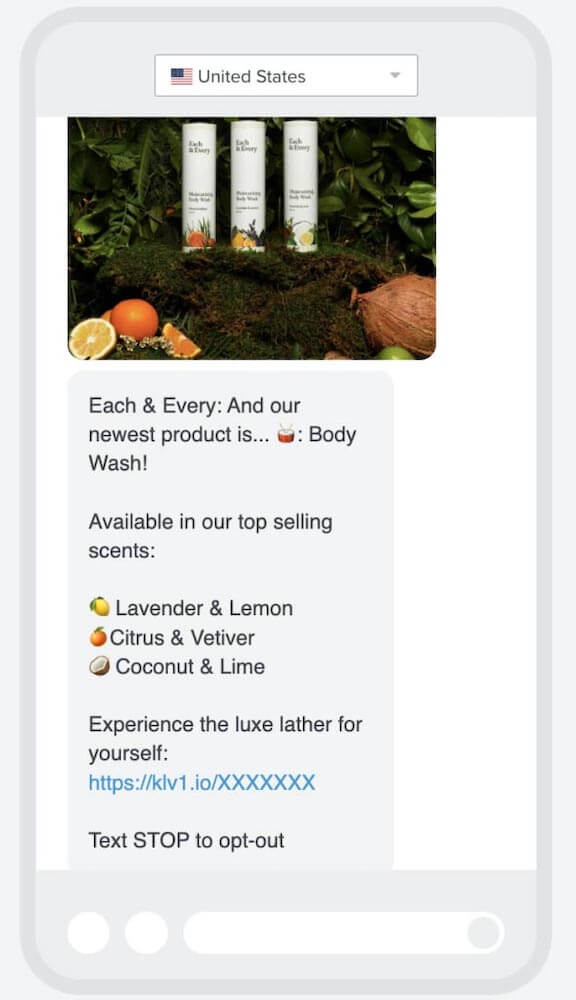 An example of a promotional SMS marketing message from Each & Every.