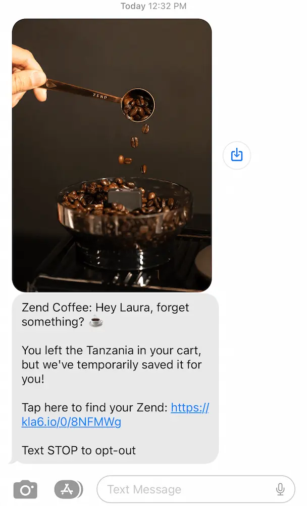 An example of an abandoned cart text message from Zend Coffee.