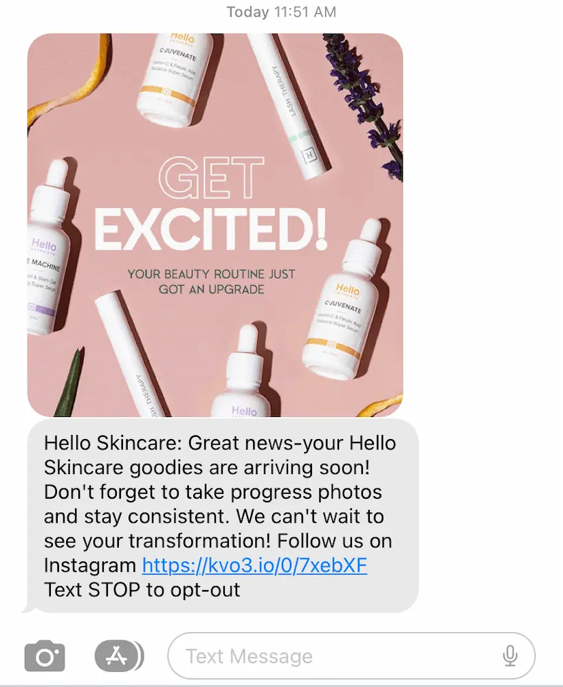An example of an order confirmation text message from Hello Skincare.