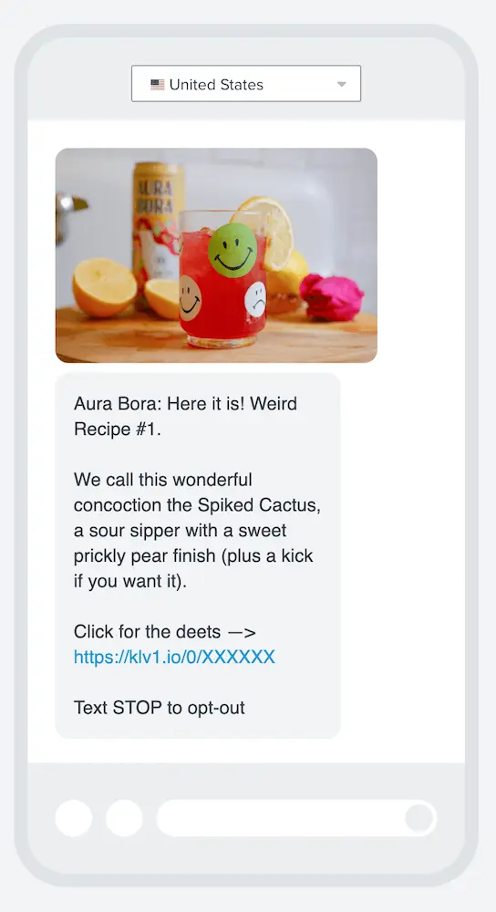 An example of a post-purchase nurture text message from Aura Bora.