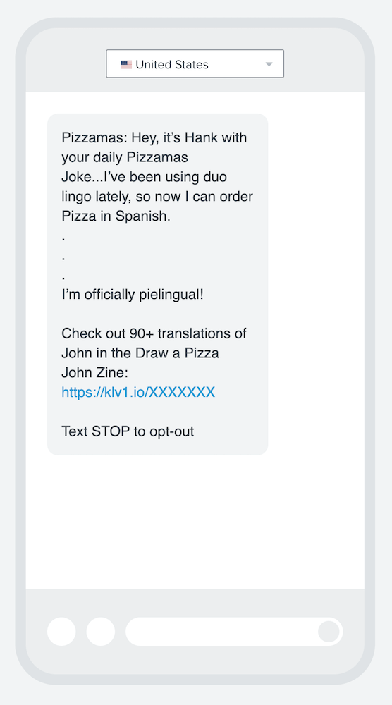 An example of a post-purchase nurture text message from Pizzamas.