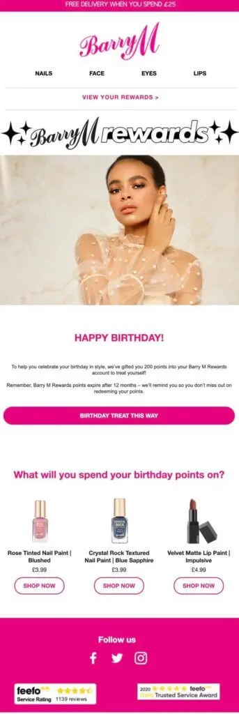Image shows a common marketing effort: an anniversary email from BarryM, offering subscribers extra points on their birthday and featuring beauty products.