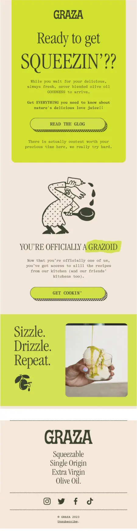 Image shows a colorful post-purchase email from Graza, including call-to-action buttons to their blog that has recipes and images of a cartoon chef and close-up product shots.