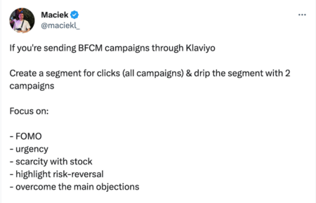 Maciek-lead-nurturing Image shows a tweet that encourages creating segments for drip campaigns and focusing on FOMO, urgency, + scarcity.