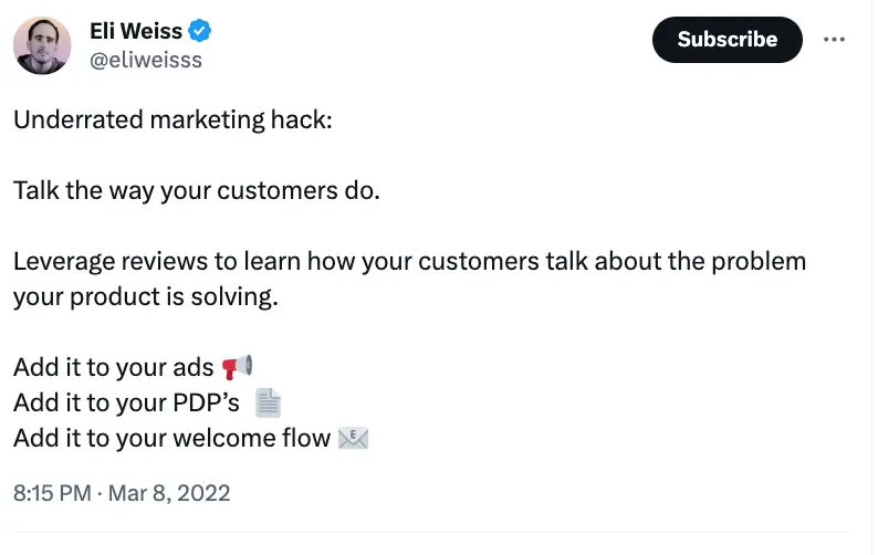 tweet from eli weiss about customer reviews