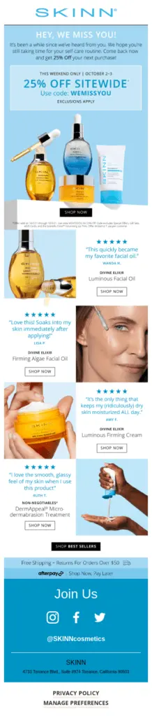 Image shows a re-engagement email campaign from SKINN, offering a 25% discount sitewide and featuring reviews and product shots.