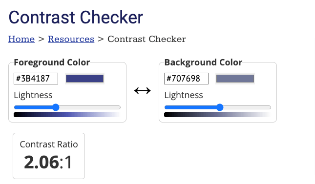 Image shows a screenshot of the color contrast checker from WebAIM that allows you to check whether your email colors are accessible for people with color vision deficiencies or low vision.