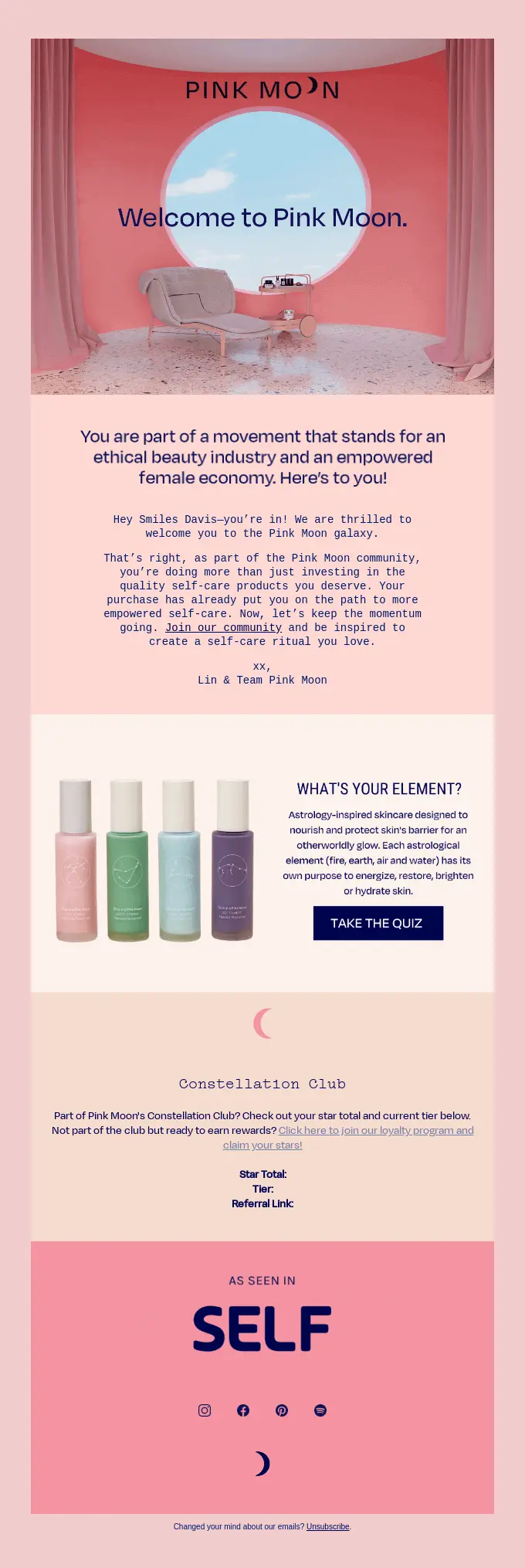 Image shows a welcome email from Pink Moon that includes two content-focused CTAs: one that encourages readers to “Join our community,” and another that encourages them to “Take the quiz” to determine which astrology-inspired skincare product is best for them.