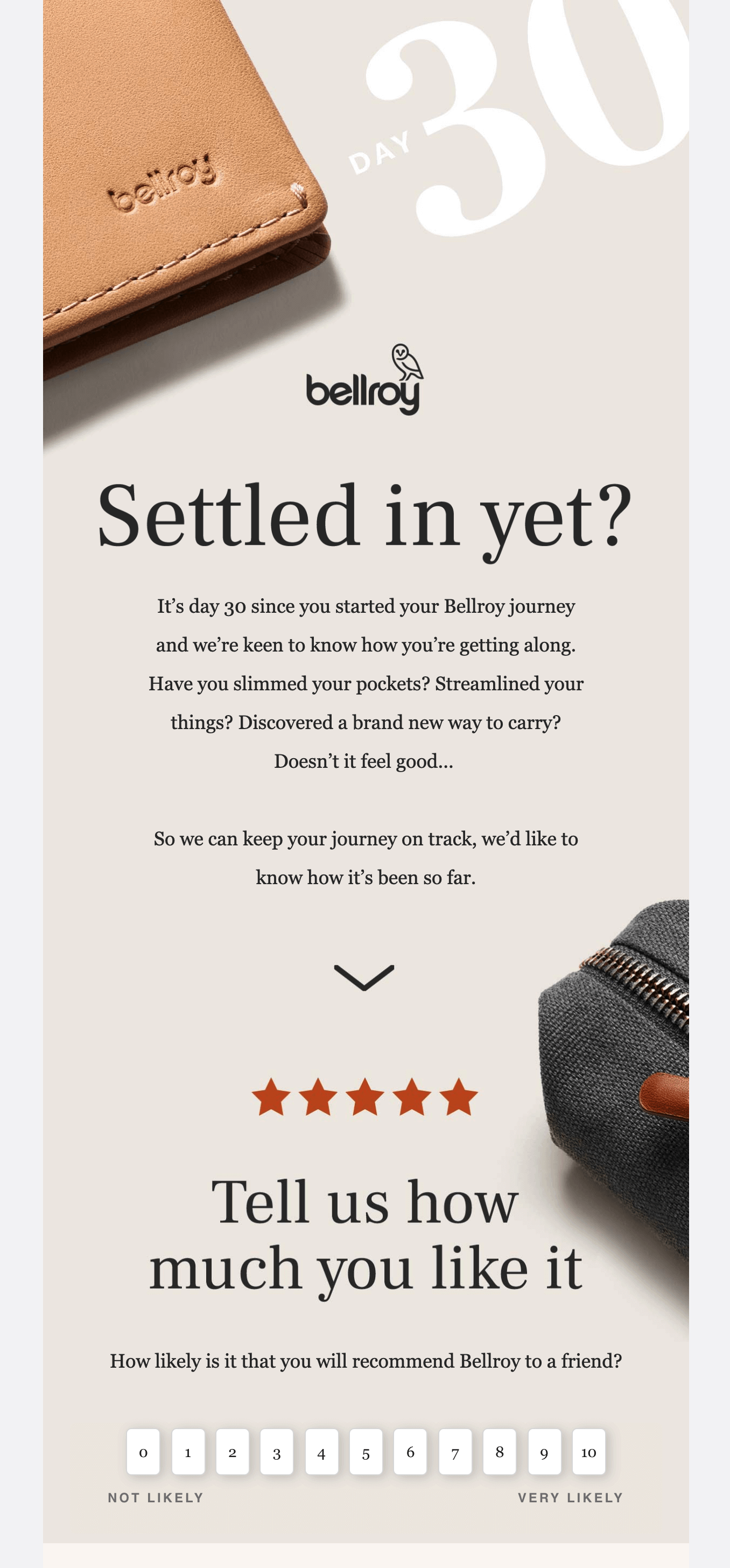 Image shows a post-purchase email from Bellroy that asks customers to rate how likely they are to recommend the brand to a friend on a scale of 1-10.