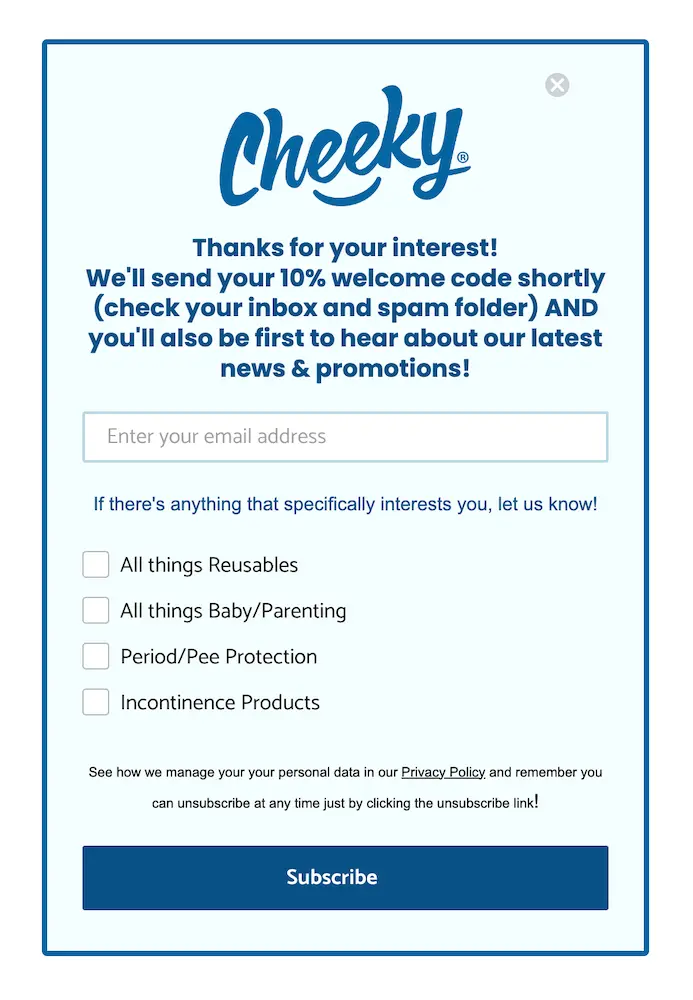 Image shows a sign-up form from Cheeky Wipes, which asks customers to specify whether they’re interested in baby/parenting products, period products, incontinence products, or “all things reusables.”
