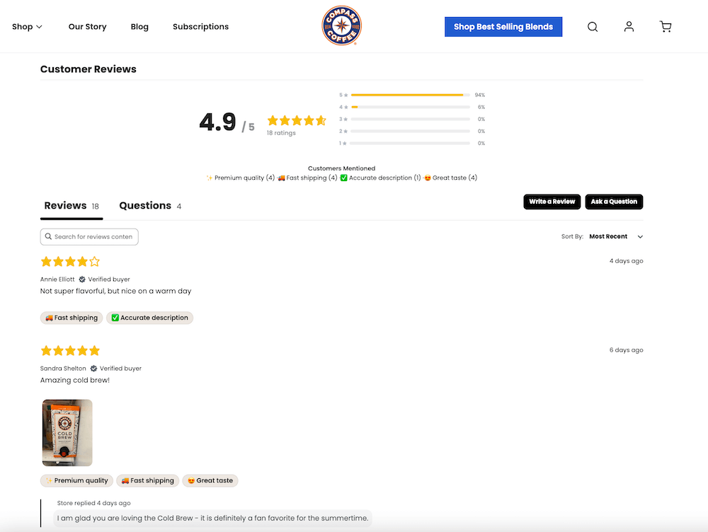 Image shows the most recent customer reviews for Compass Coffee’s cold brew, as well as an average star rating and the most common words or phrases mentioned in the reviews.