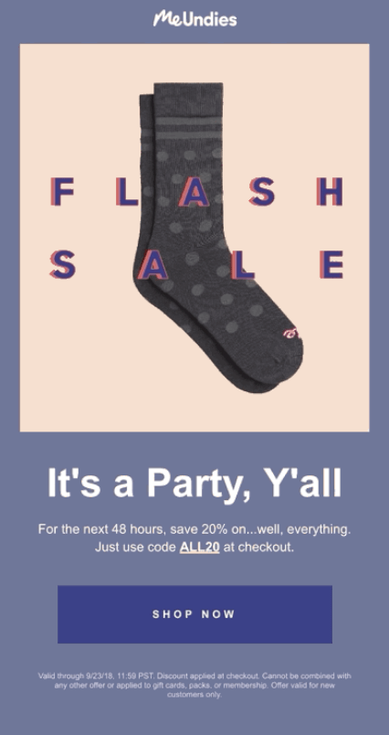 Image shows an email from MeUndies promoting a flash sale with the headline, "It's a Party, Y'all." 
