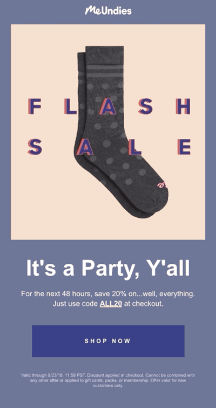Image shows an email from MeUndies promoting a flash sale with the headline, "It's a Party, Y'all."