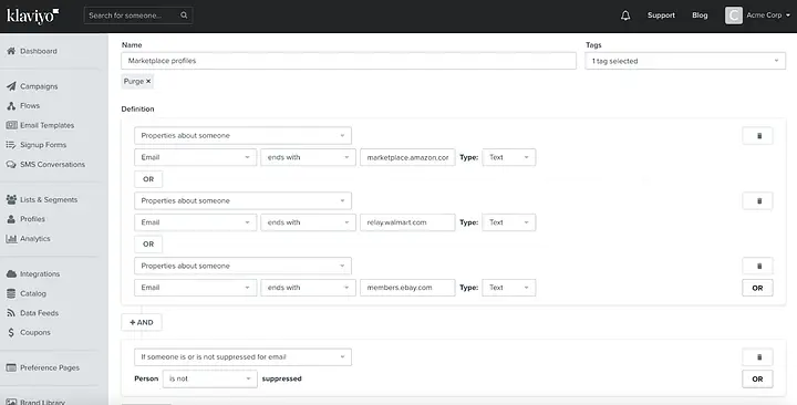 Defining a segment in Klaviyo