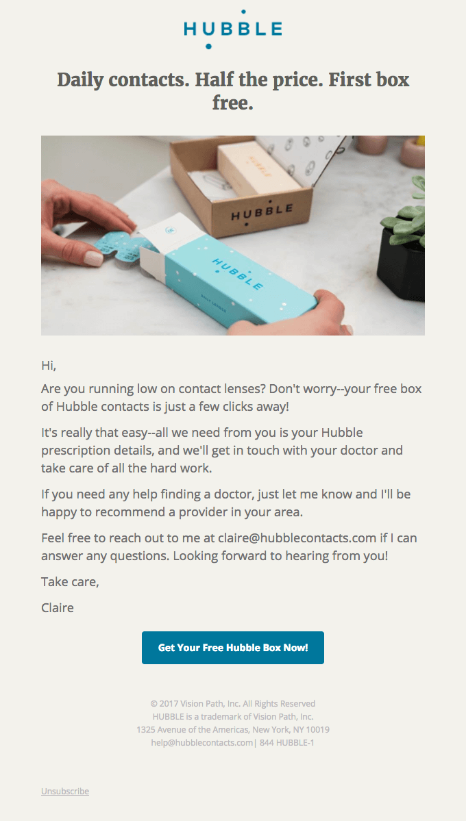 Image shows an email from Hubble offering readers a free box of contact lenses, with a CTA that reads, “Get Your Free Hubble Box Now!”