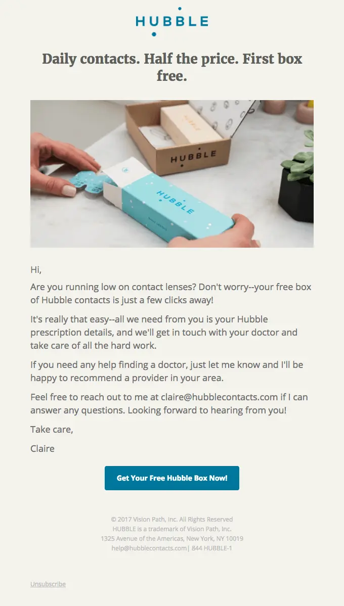 Image shows an email from Hubble offering readers a free box of contact lenses, with a CTA that reads, “Get Your Free Hubble Box Now!”