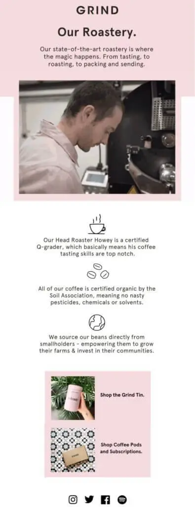 Image shows an email marketing campaign from Grind, introducing their head roaster and explaining where they source their beans.