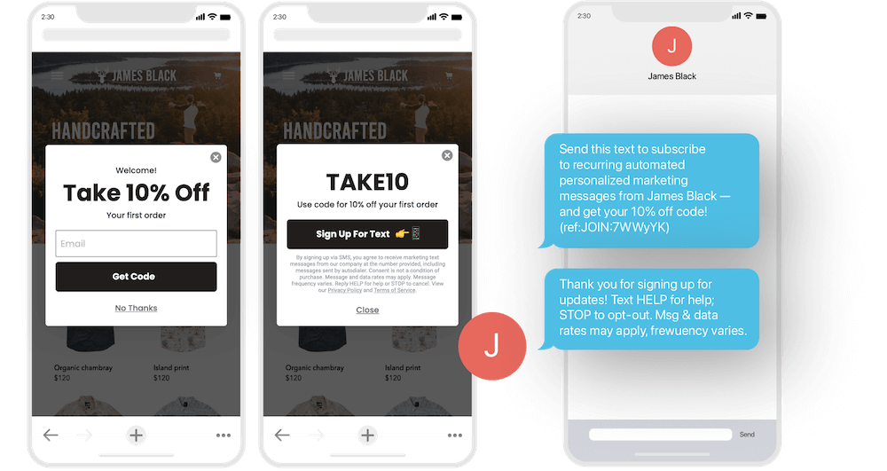 Image shows an example of a multi-step sign up form that asks for an email address on the first screen and offers a click-to-text option for SMS subscription on the second screen.