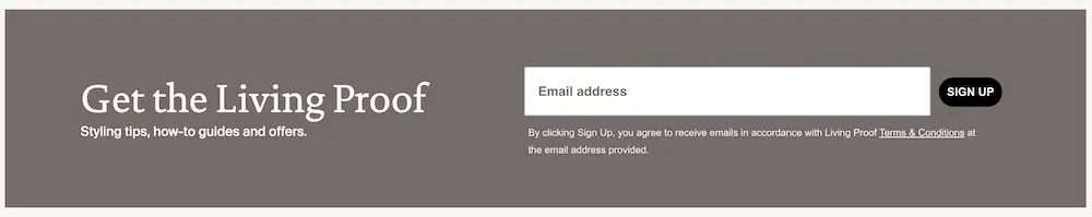 Image shows an embedded form in the footer of the Living Proof website, encouraging visitors to enter their email address to sign up for styling tips, how-to guides, and other offers.