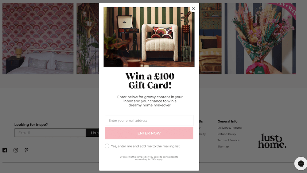 Image shows a prominent pop-up form on the Lust Home homepage, encouraging visitors to sign up for emails by offering the chance to win a “dreamy home makeover.”