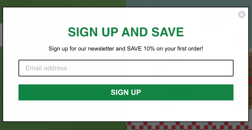 Image shows a simple sign-up form from the Official Store of Minecraft, which encourages site visitors to "sign up for our newsletter and SAVE 10% on your first order!" The only field is an email address.