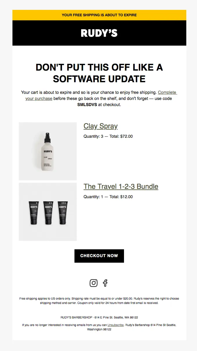 Image shows an abandoned cart email from Rudy’s, with a discount code and a CTA that reads, “Check out now.”