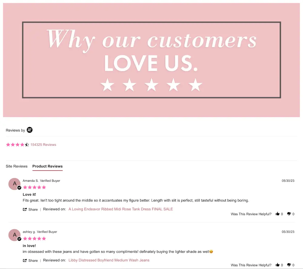 Image shows the customer reviews page on the Pink Lily website. A banner at the top of the page reads, “Why our customers love us.” The brand has earned an average rating over 4 stars across 150K+ reviews.