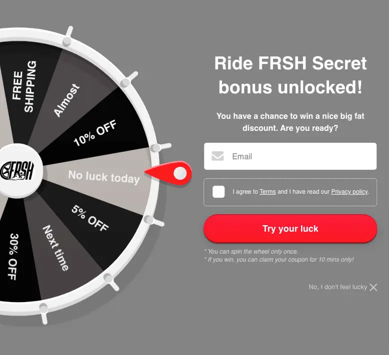 grey spin the wheel game for ride frsh signup form