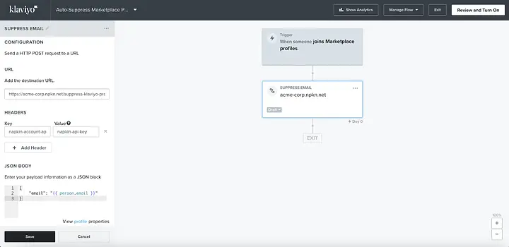 Adding a webhook action in a Klaviyo flow