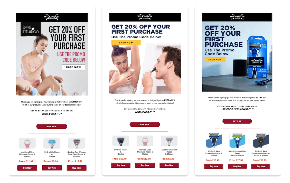 Image shows a welcome series from Wilkinson Sword, segmented based on the gender preferences subscribers identify when they first sign up for marketing messages.
