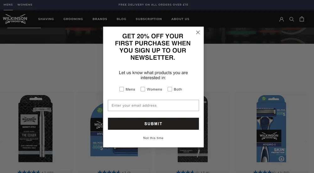 Image shows a pop-up form from Wilkinson Sword, offering 20% off in exchange for an email address, and allowing subscribers to select whether they’re interested in men’s products, women’s products, or both.