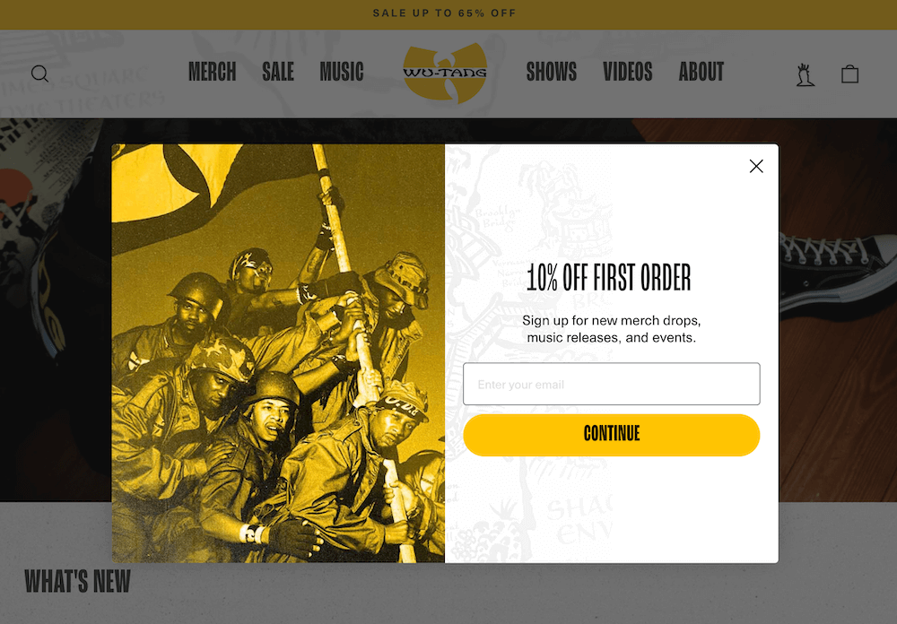 Image shows a desktop pop-up form from the Wu-tang Clan’s official online shop, with a horizontal layout, image on the left, and background illustrations.