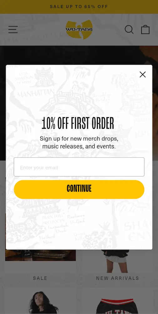 Image shows the mobile-optimized version of the pop-up form from the Wu-tang Clan’s official online shop, which cuts out the image and uses a vertical orientation instead of horizontal.